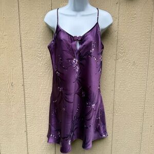 Vintage Angelique Lingerie Purple Floral Strap Polyester Mini Short Slip Dress M